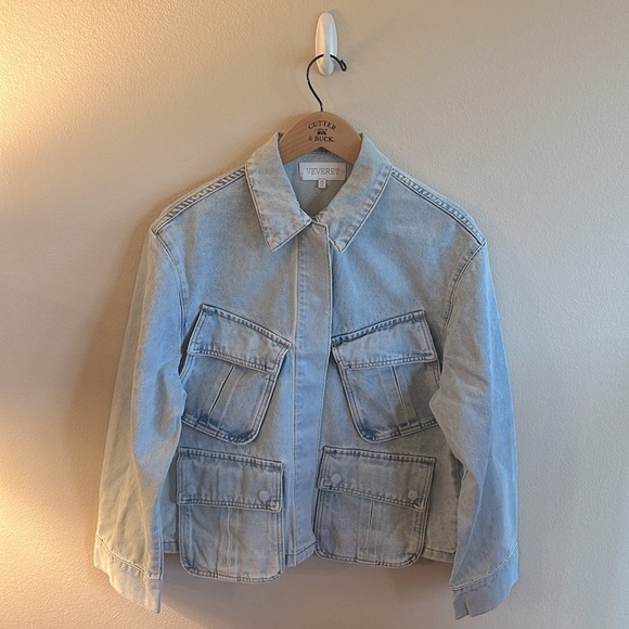 Veveret Denim Utility Jean Jacket Size Medium Light Wash Oversized Cargo Pockets - Picture 4 of 15
